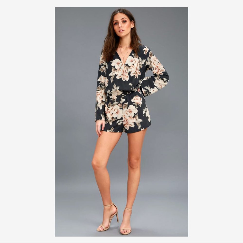Washed Navy Blue Floral Print Romper